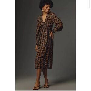 NWT Farm Rio Long-Sleeve V-Neck Printed Tie-Front Midi Dress SIZE XXS